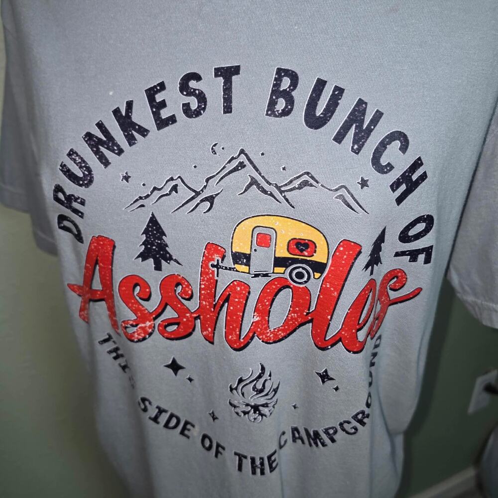 Comfort Colors Mens Medium Drunkest Bunch Camping T-Shirt Gray Aholes